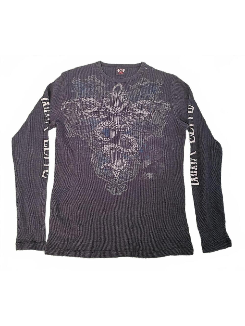 Vintage MMA Elite Shirt Men L Black Tee Thermal Waffle Y2K Snake Cross Tattoo